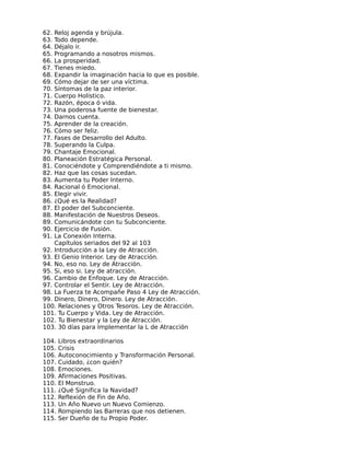 62. Reloj agenda y brújula.
63. Todo depende.
64. Déjalo ir.
65. Programando a nosotros mismos.
66. La prosperidad.
67. Tienes miedo.
68. Expandir la imaginación hacia lo que es posible.
69. Cómo dejar de ser una víctima.
70. Síntomas de la paz interior.
71. Cuerpo Holístico.
72. Razón, época ó vida.
73. Una poderosa fuente de bienestar.
74. Darnos cuenta.
75. Aprender de la creación.
76. Cómo ser feliz.
77. Fases de Desarrollo del Adulto.
78. Superando la Culpa.
79. Chantaje Emocional.
80. Planeación Estratégica Personal.
81. Conociéndote y Comprendiéndote a ti mismo.
82. Haz que las cosas sucedan.
83. Aumenta tu Poder Interno.
84. Racional ó Emocional.
85. Elegir vivir.
86. ¿Qué es la Realidad?
87. El poder del Subconciente.
88. Manifestación de Nuestros Deseos.
89. Comunicándote con tu Subconciente.
90. Ejercicio de Fusión.
91. La Conexión Interna.
    Capítulos seriados del 92 al 103
92. Introducción a la Ley de Atracción.
93. El Genio Interior. Ley de Atracción.
94. No, eso no. Ley de Atracción.
95. Si, eso si. Ley de atracción.
96. Cambio de Enfoque. Ley de Atracción.
97. Controlar el Sentir. Ley de Atracción.
98. La Fuerza te Acompañe Paso 4 Ley de Atracción.
99. Dinero, Dinero, Dinero. Ley de Atracción.
100. Relaciones y Otros Tesoros. Ley de Atracción.
101. Tu Cuerpo y Vida. Ley de Atracción.
102. Tu Bienestar y la Ley de Atracción.
103. 30 días para Implementar la L de Atracción

104.   Libros extraordinarios
105.   Crisis
106.   Autoconocimiento y Transformación Personal.
107.   Cuidado, ¿con quién?
108.   Emociones.
109.   Afirmaciones Positivas.
110.   El Monstruo.
111.   ¿Qué Significa la Navidad?
112.   Reflexión de Fin de Año.
113.   Un Año Nuevo un Nuevo Comienzo.
114.   Rompiendo las Barreras que nos detienen.
115.   Ser Dueño de tu Propio Poder.
 