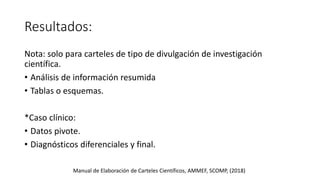 Resultados:
Nota: solo para carteles de tipo de divulgación de investigación
científica.
• Análisis de información resumida
• Tablas o esquemas.
*Caso clínico:
• Datos pivote.
• Diagnósticos diferenciales y final.
Manual de Elaboración de Carteles Científicos, AMMEF, SCOMP, (2018)
 