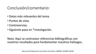 Conclusión/comentario:
• Datos más relevantes del tema.
• Puntos de vista.
• Controversias.
• Siguiente paso en *investigación.
Nota: Aquí se contrastan referencias bibliográficas con
nuestros resultados para fundamentar nuestros hallazgos.
Manual de Elaboración de Carteles Científicos, AMMEF, SCOMP, (2018)
 
