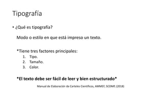 Tipografía
• ¿Qué es tipografía?
Modo o estilo en que está impreso un texto.
*Tiene tres factores principales:
1. Tipo.
2. Tamaño.
3. Color.
*El texto debe ser fácil de leer y bien estructurado*
Manual de Elaboración de Carteles Científicos, AMMEF, SCOMP, (2018)
 