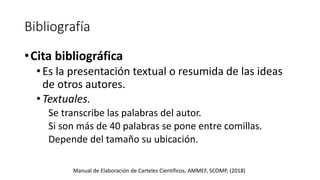 Bibliografía
•Cita bibliográfica
•Es la presentación textual o resumida de las ideas
de otros autores.
•Textuales.
Se transcribe las palabras del autor.
Si son más de 40 palabras se pone entre comillas.
Depende del tamaño su ubicación.
Manual de Elaboración de Carteles Científicos, AMMEF, SCOMP, (2018)
 
