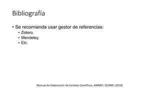 Bibliografía
Manual de Elaboración de Carteles Científicos, AMMEF, SCOMP, (2018)
• Se recomienda usar gestor de referencias:
• Zotero.
• Mendeley.
• Etc.
 
