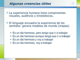 Algunas creencias útiles La experiencia humana tiene componentes visuales, auditivos y kinestésicos.   El lenguaje encuadra la experiencia de los sentidos: genera modelos de mundo (mapas) Es un día hermoso, pero tengo que ir a trabajar Es un día hermoso aunque tenga que ir a trabajar Es un día hermoso y voy a trabajar Es un día hermoso, voy a trabajar 