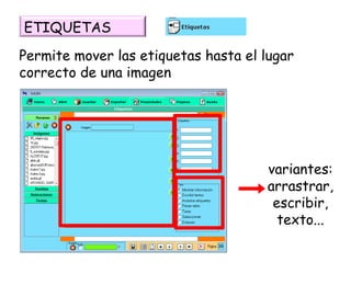Permite mover las etiquetas hasta el lugar correcto de una imagen variantes: arrastrar, escribir, texto... ETIQUETAS 