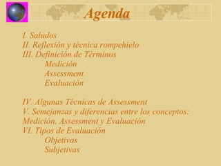 I. Saludos II. Reflexión y técnica rompehielo III. Definición de Términos Medición Assessment Evaluación IV. Algunas Técnicas de Assessment V. Semejanzas y diferencias entre los conceptos: Medición, Assessment y Evaluación VI. Tipos de Evaluación Objetivas Subjetivas Agenda 