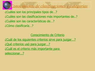 Conocimiento de clasificaciones y categorías ¿Cuáles son los principales tipos de…? ¿Cuáles son las clasificaciones más importantes de..? ¿Cuáles son las características de…? ¿Cómo clasificaría…? Conocimiento de Criterio ¿Cuál de los siguientes criterios sirve para juzgar…? ¿Qué criterios usó para juzgar…? ¿Cuál es el criterio más importante para  seleccionar…? 