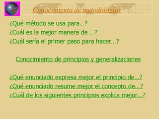 Conocimiento de metodologías ¿Qué método se usa para…? ¿Cuál es la mejor manera de …? ¿Cuál sería el primer paso para hacer…? Conocimiento de principios y generalizaciones ¿Qué enunciado expresa mejor el principio de…? ¿Qué enunciado resume mejor el concepto de…? ¿Cuál de los siguientes principios explica mejor…? 