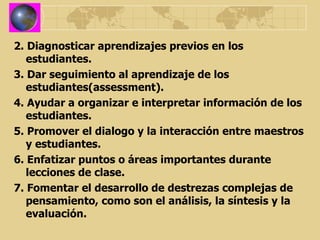 2. Diagnosticar aprendizajes previos en los estudiantes. 3. Dar seguimiento al aprendizaje de los estudiantes(assessment). 4. Ayudar a organizar e interpretar información de los estudiantes. 5. Promover el dialogo y la interacción entre maestros y estudiantes. 6. Enfatizar puntos o áreas importantes durante lecciones de clase. 7. Fomentar el desarrollo de destrezas complejas de pensamiento, como son el análisis, la síntesis y la evaluación.  
