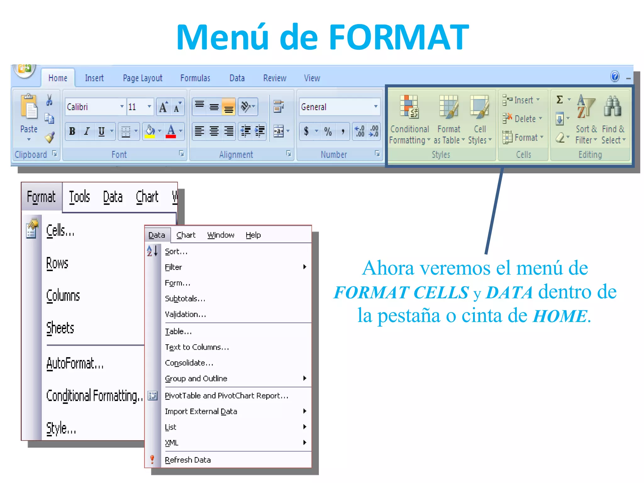 Menú de FORMAT Ahora veremos el menú de  FORMAT CELLS  y  DATA  dentro de la pestaña o cinta de  HOME . 