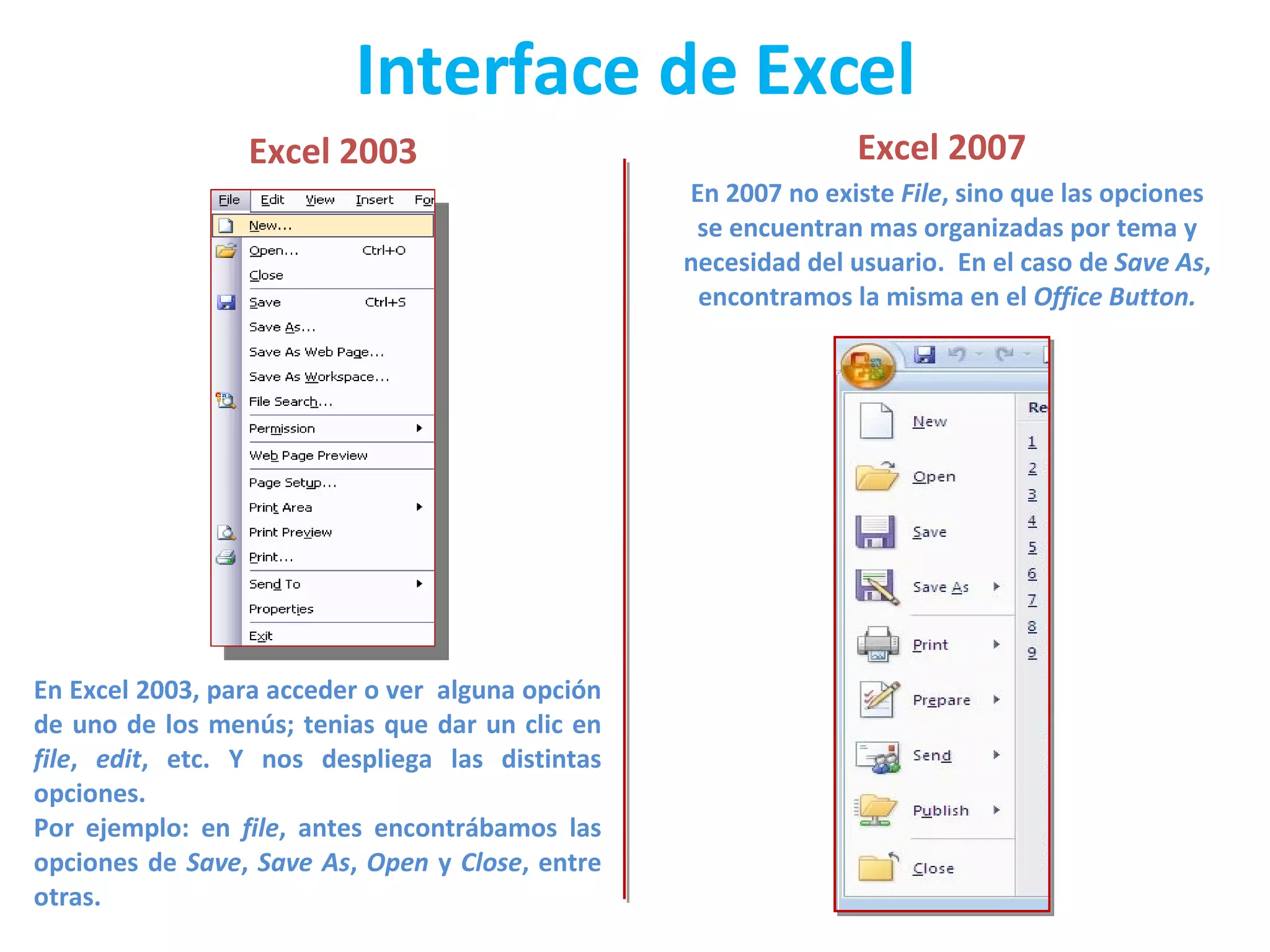 Interface de Excel En Excel 2003, para acceder o ver  alguna opción de uno de los menús; tenias que dar un clic en  file ,  edit , etc. Y nos despliega las distintas opciones. Por ejemplo: en  file , antes encontrábamos las opciones de  Save ,  Save As ,  Open  y  Close , entre otras. Excel 2007 Excel 2003 En 2007 no existe  File , sino que las opciones se encuentran mas organizadas por tema y necesidad del usuario.  En el caso de  Save As , encontramos la misma en el  Office Button. 