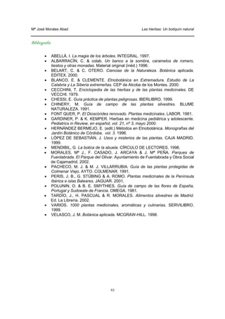 Mª José Morales Abad Las hierbas: Un botiquín natural
93
Bibliografía
• ABELLÁ, I. La magia de los árboles. INTEGRAL. 1997.
• ALBARRACÍN, C. & colab. Un banco a la sombra, caramelos de romero,
tiestos y otras monadas. Material original (inéd.) 1996.
• BELART, C. & C. OTERO. Ciencias de la Naturaleza. Botánica aplicada.
EDITEX. 2000.
• BLANCO, E. & CLEMENTE. Etnobotánica en Extremadura. Estudio de La
Calabria y La Siberia extremeñas. CEP de Alcoba de los Montes. 2000.
• CECCHINI, T. Enciclopedia de las hierbas y de las plantas medicinales. DE
VECCHI. 1979.
• CHESSI, E. Guía práctica de plantas peligrosas. IBERLIBRO. 1999.
• CHINERY, M. Guía de campo de las plantas silvestres. BLUME
NATURALEZA. 1991.
• FONT QUER, P. El Dioscórides renovado. Plantas medicinales. LABOR. 1981.
• GARDINER, P. & K. KEMPER. Hierbas en medicina pediátrica y adolescente.
Pediatrics in Review, en español, vol. 21, nº 3, mayo 2000.
• HERNÁNDEZ BERMEJO, E. (edit.) Métodos en Etnobotánica. Monografías del
Jardín Botánico de Córdoba, vol. 3. 1996.
• LÓPEZ DE SEBASTIÁN, J. Usos y misterios de las plantas. CAJA MADRID.
1999.
• MENDIBIL, G. La botica de la abuela. CÍRCULO DE LECTORES. 1998.
• MORALES, Mª J., F. CASADO, J. ARCAYA & J. Mª PEÑA. Parques de
Fuenlabrada. El Parque del Olivar. Ayuntamiento de Fuenlabrada y Obra Social
de Cajamadrid. 2002.
• PACHECO, M. J. & M. J. VILLARRUBIA. Guía de las plantas protegidas de
Colmenar Viejo. AYTO. COLMENAR. 1991.
• PERIS, J. B., G. STÜBING & A. ROMO. Plantas medicinales de la Península
Ibérica e islas Baleares. JAGUAR. 2001.
• POLUNIN, O. & B. E. SMYTHIES. Guía de campo de las flores de España,
Portugal y Sudoeste de Francia. OMEGA. 1981.
• TARDÍO, J., H. PASCUAL & R. MORALES. Alimentos silvestres de Madrid.
Ed. La Librería. 2002.
• VARIOS. 1000 plantas medicinales, aromáticas y culinarias. SERVILIBRO.
1999.
• VELASCO, J. M. Botánica aplicada. MCGRAW-HILL. 1998.
 