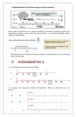 ☺ Representación de fracciones sobre la recta numérica
Para ubicar fracciones en la recta numérica se divide la unidad (entero) en
segmentos iguales, como indica el denominador, y se ubica la facción según
indica el numerador.
Recuerda que en la recta numérica el mayor de dos números es el que está
más a la derecha.
1.1 Completa con la fracción que falta
a.
b.
1.2. Ubique las fracciones donde corresponda. Mara su ubicación con un
punto.
a. ½
b. ¾
C. 2/5
3
 