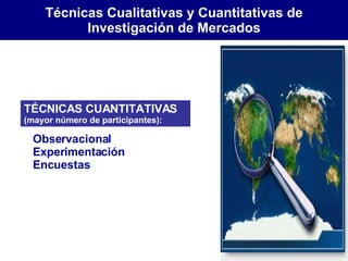 Técnicas Cualitativas y Cuantitativas de Investigación de Mercados   Observacional   Experimentación   Encuestas TÉCNICAS CUANTITATIVAS   (mayor número de participantes): 