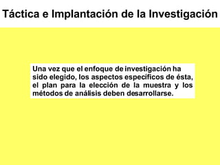 Táctica e Implantación de la Investigación Una vez que el enfoque de investigación ha sido elegido, los aspectos específicos de ésta, el plan para la elección de la muestra y los métodos de análisis deben desarrollarse. 
