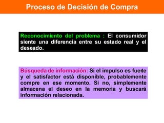 Proceso de Decisión de Compra Reconocimiento del problema :  El consumidor siente una diferencia entre su estado real y el deseado. Búsqueda de información:  Si el impulso es fuerte y el satisfactor está disponible, probablemente compre en ese momento. Si no, simplemente almacena el deseo en la memoria y buscará información relacionada. 