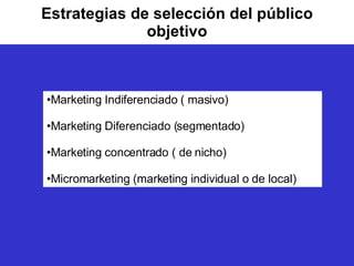 Estrategias de selección del público objetivo Marketing Indiferenciado ( masivo) Marketing Diferenciado (segmentado) Marketing concentrado ( de nicho) Micromarketing (marketing individual o de local) 