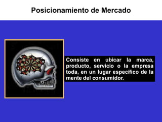 Posicionamiento de Mercado Consiste en ubicar la marca, producto, servicio o la empresa toda, en un lugar específico de la mente del consumidor. 