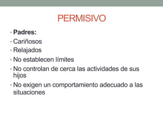 PERMISIVO
• Padres:
• Cariñosos
• Relajados
• No establecen límites
• No controlan de cerca las actividades de sus
hijos
• No exigen un comportamiento adecuado a las
situaciones
 