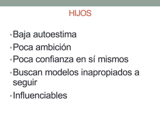 HIJOS
•Baja autoestima
•Poca ambición
•Poca confianza en sí mismos
•Buscan modelos inapropiados a
seguir
•Influenciables
 