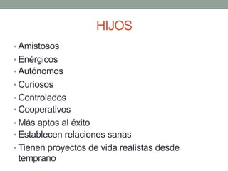 HIJOS
• Amistosos
• Enérgicos
• Autónomos
• Curiosos
• Controlados
• Cooperativos
• Más aptos al éxito
• Establecen relaciones sanas
• Tienen proyectos de vida realistas desde
temprano
 
