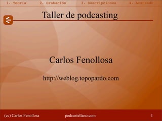 1. Teoría              2. Grabación       3. Suscripciones   4. Avanzado


                        Taller de podcasting



                            Carlos Fenollosa
                         http://weblog.topopardo.com




(cc) Carlos Fenollosa              podcastellano.com                   1