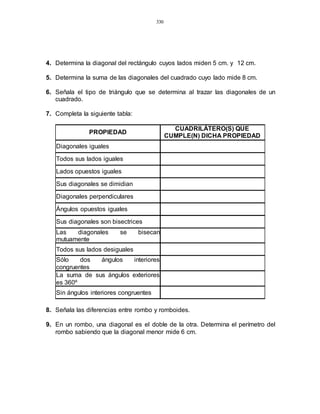 330
4. Determina la diagonal del rectángulo cuyos lados miden 5 cm. y 12 cm.
5. Determina la suma de las diagonales del cuadrado cuyo lado mide 8 cm.
6. Señala el tipo de triángulo que se determina al trazar las diagonales de un
cuadrado.
7. Completa la siguiente tabla:
PROPIEDAD
CUADRILÁTERO(S) QUE
CUMPLE(N) DICHA PROPIEDAD
Diagonales iguales
Todos sus lados iguales
Lados opuestos iguales
Sus diagonales se dimidian
Diagonales perpendiculares
Ángulos opuestos iguales
Sus diagonales son bisectrices
Las diagonales se bisecan
mutuamente
Todos sus lados desiguales
Sólo dos ángulos interiores
congruentes
La suma de sus ángulos exteriores
es 360º
Sin ángulos interiores congruentes
8. Señala las diferencias entre rombo y romboides.
9. En un rombo, una diagonal es el doble de la otra. Determina el perímetro del
rombo sabiendo que la diagonal menor mide 6 cm.
 