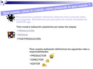 Qué cuento, cómo lo cuento, cómo presento lo que cuento ? Para comenzar cualquier realización debemos tener presente estas tres preguntas. Recordemos que todo parte de nuestra necesidad de CONTAR algo … Para nuestra realización pasaremos por estas tres etapas: PRODUCCIÓN RODAJE POSTPRODUCCIÓN Para nuestra realización definiremos los siguientes roles o responsabilidades: PRODUCTOR DIRECTOR EDITOR 