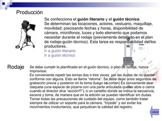 Producción Se confecciona el  guión literario  y el  guión técnico . Se determinan las locaciones, actores, vestuario, maquillaje, movilidad; precisando fechas y horas, disponibilidad de cámara, micrófonos, luces y todo elemento que podamos necesitar durante el rodaje (previamente detallado en el plan de rodaje-guión técnico). Esta tarea es responsabilidad del/los productores. Ir a guión literario   Ir a guión técnico Rodaje Se debe cumplir lo planificado en el guión técnico, o plan de rodaje, nunca improvisar. Es conveniente repetir las tomas dos o tres veces, por las dudas de no quedar conforme con alguna. Esto se llama “retoma”. Se debe dejar unos segundos de grabación previa y posterior en la toma (luego se cortan) Es conveniente usar claqueta (una especie de pizarra con una parte articulada que se abre o cierra cuando el director dice “acción!!!”), o un cartelito donde se indica la secuencia, escena y toma, de manera que en la edición se puedan identificar sin dudas. Tomar todas las precauciones de cuidado del equipo, como también tratar siempre de utilizar un soporte para la cámara, “trípode” y así evitar los movimientos involuntarios, que perjudican la calidad del registro.  volver 