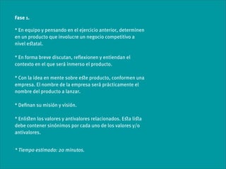 Fase 1.

* En equipo y pensando en el ejercicio anterior, determinen
en un producto que involucre un negocio competitivo a
nivel eﬆatal.

* En forma breve discutan, reﬂexionen y entiendan el
contexto en el que será inmerso el producto.

* Con la idea en mente sobre eﬆe producto, conformen una
empresa. El nombre de la empresa será prácticamente el
nombre del producto a lanzar.

* Deﬁnan su misión y visión.

* Enliﬆen los valores y antivalores relacionados. Eﬆa liﬆa
debe contener sinónimos por cada uno de los valores y/o
antivalores.


* Tiempo estimado: 20 minutos.
 