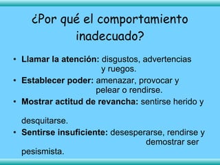 ¿Por qué el comportamiento inadecuado? Llamar la atención:  disgustos, advertencias  y ruegos. Establecer poder:  amenazar, provocar y    pelear o rendirse. Mostrar actitud de revancha:  sentirse herido y    desquitarse. Sentirse insuficiente:  desesperarse, rendirse y    demostrar ser pesismista. 