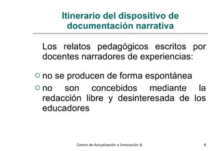 Itinerario del dispositivo de documentación narrativa Los relatos pedagógicos escritos por docentes narradores de experiencias: no se producen de forma espontánea no son concebidos mediante la redacción libre y desinteresada de los educadores 