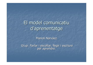 El model comunicatiu
     d’aprenentatge
            Manoli Narváez

Grup: Parlar i escoltar, llegir i escriure
            per aprendre.
 