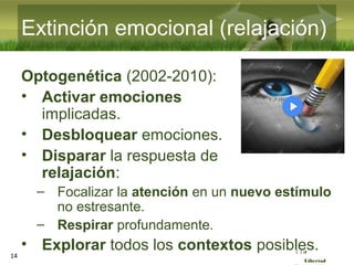 :( :| :)
Libertad
Extinción emocional (relajación)
Optogenética (2002-2010):
• Activar emociones
implicadas.
• Desbloquear emociones.
• Disparar la respuesta de
relajación:
– Focalizar la atención en un nuevo estímulo
no estresante.
– Respirar profundamente.
• Explorar todos los contextos posibles.
14
 