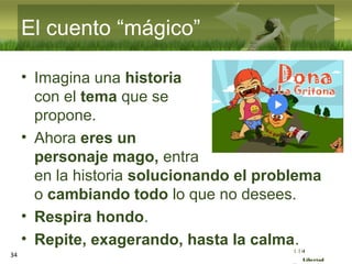 :( :| :)
Libertad
34
El cuento “mágico”
• Imagina una historia
con el tema que se
propone.
• Ahora eres un
personaje mago, entra
en la historia solucionando el problema
o cambiando todo lo que no desees.
• Respira hondo.
• Repite, exagerando, hasta la calma.
 