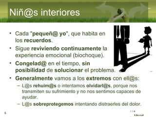 :( :| :)
Libertad
6
Niñ@s interiores
• Cada "pequeñ@ yo", que habita en
los recuerdos.
• Sigue reviviendo continuamente la
experiencia emocional (biochoque).
• Congelad@ en el tiempo, sin
posibilidad de solucionar el problema.
• Generalmente vamos a los extremos con ell@s:
– L@s rehuim@s o intentamos olvidarl@s, porque nos
transmiten su sufrimiento y no nos sentimos capaces de
ayudar.
– L@s sobreprotegemos intentando distraerles del dolor.
 