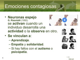 :( :| :)
Libertad
9
Emociones contagiosas
• Neuronas espejo
G. Rizzolatti (1992):
se activan cuando un
individuo desarrolla una
actividad o la observa en otro.
• Se vinculan a:
– Aprendizaje.
– Empatía y solidaridad.
– Si hay fallos con el autismo o
psicopatía.
 