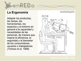La Ergonomía Adaptar los productos, las tareas, las herramientas, los espacios y el entorno en general a la capacidad y necesidades de las personas, de manera que mejore la eficiencia, la seguridad y el bienestar de los consumidores, usuarios o trabajadores  (Tortosa et al, 1999).   