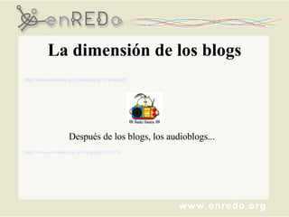 La dimensión de los blogs http://www.networking-tic.info/spip.php?article23   Después de los blogs, los audioblogs... http://www.networking-tic.info/spip.php?article74 