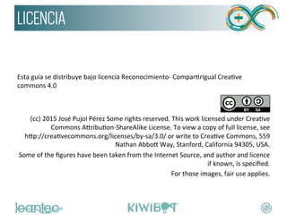  
	
  
	
  
Esta	
  guía	
  se	
  distribuye	
  bajo	
  licencia	
  Reconocimiento-­‐	
  ComparWrIgual	
  CreaWve	
  
commons	
  4.0	
  	
  
	
  
	
  
(cc)	
  2015	
  José	
  Pujol	
  Pérez	
  Some	
  rights	
  reserved.	
  This	
  work	
  licensed	
  under	
  CreaWve	
  
Commons	
  A_ribuWon-­‐ShareAlike	
  License.	
  To	
  view	
  a	
  copy	
  of	
  full	
  license,	
  see	
  	
  	
  	
  	
  	
  	
  	
  	
  
h_p://creaWvecommons.org/licenses/by-­‐sa/3.0/	
  or	
  write	
  to	
  CreaWve	
  Commons,	
  559	
  
Nathan	
  Abbo_	
  Way,	
  Stanford,	
  California	
  94305,	
  USA.	
  	
  
Some	
  of	
  the	
  ﬁgures	
  have	
  been	
  taken	
  from	
  the	
  Internet	
  Source,	
  and	
  author	
  and	
  licence	
  
if	
  known,	
  is	
  speciﬁed.	
  	
  
For	
  those	
  images,	
  fair	
  use	
  applies.	
  	
  
licenciaLICENCIA
 