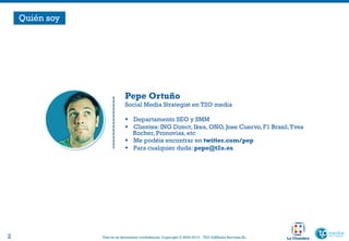 Quién soy

Pepe Ortuño

Social Media Strategist en T2O media
§  Departamento SEO y SMM
§  Clientes: ING Direct, Ikea, ON...
