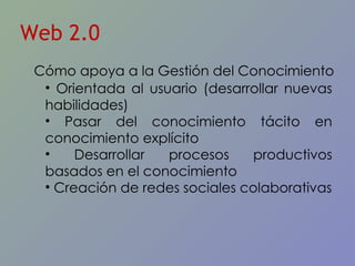 Web 2.0 Cómo apoya a la Gestión del Conocimiento Orientada al usuario (desarrollar nuevas habilidades) Pasar del conocimiento tácito en conocimiento explícito Desarrollar procesos productivos basados en el conocimiento Creación de redes sociales colaborativas 