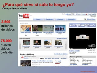 http://www.youtube.com/ ¿Para qué sirve si sólo lo tengo yo? Compartiendo videos 2.500 millones de vídeos 75.000 nuevos videos cada día 