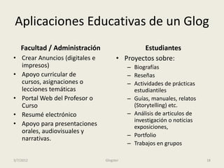 Aplicaciones Educativas de un Glog
    Facultad / Administración                 Estudiantes
• Crear Anuncios (digitales e         • Proyectos sobre:
  impresos)                                – Biografías
• Apoyo curricular de                      – Reseñas
  cursos, asignaciones o                   – Actividades de prácticas
  lecciones temáticas                        estudiantiles
• Portal Web del Profesor o                – Guías, manuales, relatos
  Curso                                      (Storytelling) etc.
• Resumé electrónico                       – Análisis de articulos de
                                             investigación o noticias
• Apoyo para presentaciones                  exposiciones,
  orales, audiovisuales y
                                           – Portfolio
  narrativas.
                                           – Trabajos en grupos

3/7/2012                        Glogster                                18
 