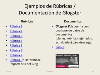 Ejemplos de Rúbricas /
           Documentación de Glogster
            Rúbricas                       Documentos
•   Rúbrica 1                     • Glogster Edu cuenta con
•   Rúbrica 2                       una base de datos de
•   Rúbrica 3                       documentos
                                    (planes, rúbricas, ejemplos,
•   Rúbrica 4                       actividades) para descarga.
•   Rúbrica 5                     • Enlace
•   Rúbrica 6
•   Rúbrica 7
•   Rúbrica 8* Determinar
    importancia del Glog

3/7/2012                    Glogster                           47
 