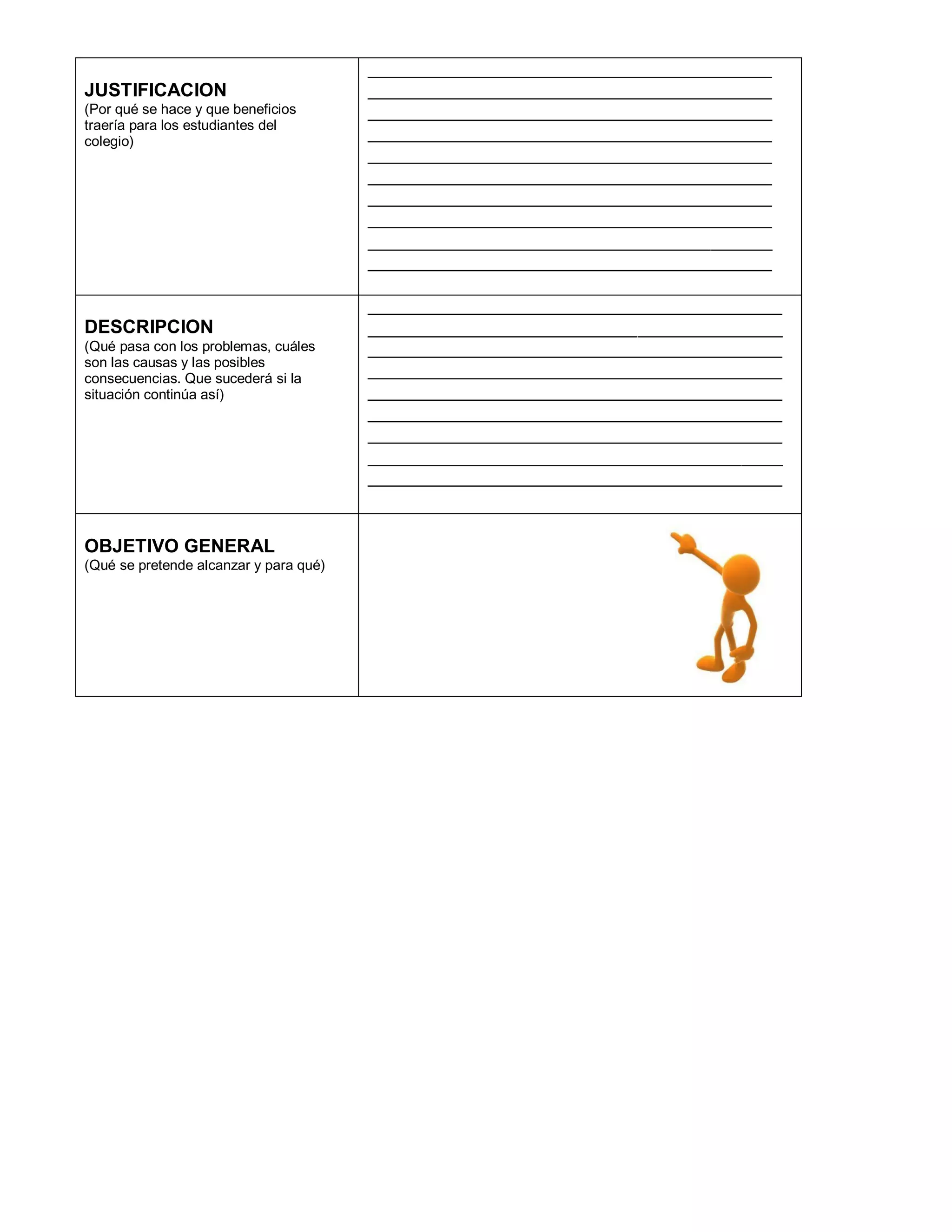 JUSTIFICACION
(Por qué se hace y que beneficios
traería para los estudiantes del
colegio)
DESCRIPCION
(Qué pasa con los problemas, cuáles
son las causas y las posibles
consecuencias. Que sucederá si la
situación continúa así)
OBJETIVO GENERAL
(Qué se pretende alcanzar y para qué)
 