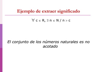  c  R,  n  N / n  c
El conjunto de los números naturales es no
acotado
Ejemplo de extraer significado
 
