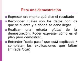 Para una demostración
 Expresar oralmente qué dice el resultado
 Reconocer cuáles son los datos con los
que se cuenta y a dónde se debe llegar
 Realizar una mirada global de la
demostración. Poder expresar cómo es el
plan para demostrar.
 Entender “cada paso” que está explicado /
completar las explicaciones que faltan
(mirada local)
 