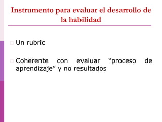 Instrumento para evaluar el desarrollo de
la habilidad
 Un rubric
 Coherente con evaluar “proceso de
aprendizaje” y no resultados
 