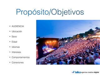 Propósito/Objetivos 
• AUDIENCIA 
• Ubicación 
• Sexo 
• Edad 
• Idiomas 
• Intereses 
• Comportamientos 
• Conexiones 
 