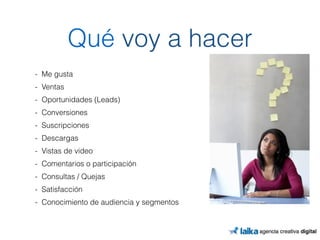 Qué voy a hacer 
- Me gusta 
- Ventas 
- Oportunidades (Leads) 
- Conversiones 
- Suscripciones 
- Descargas 
- Vistas de video 
- Comentarios o participación 
- Consultas / Quejas 
- Satisfacción 
- Conocimiento de audiencia y segmentos 
 